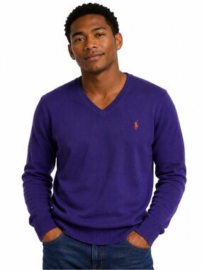 Polo Ralph Lauren Men’s V-Neck Pima Cotton Sweater in Rich Purple, Size XL